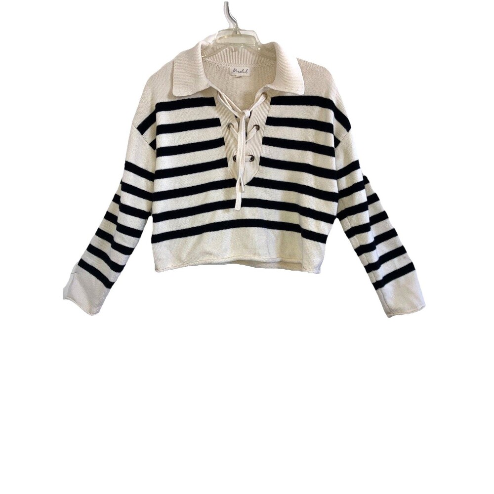 MARLED sz L Cotton Knit Cropped Laced Front Long Sleeve Top Striped Boxy Relaxed